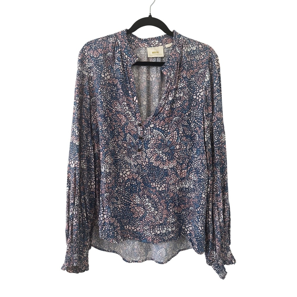 Maeve Anthropologie Womans Mosaic Floral Top Smocked Cuff Size Large Cottage